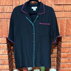 Vintage Adolfo blouse, button up small shirt with pink, purple, and teal accents